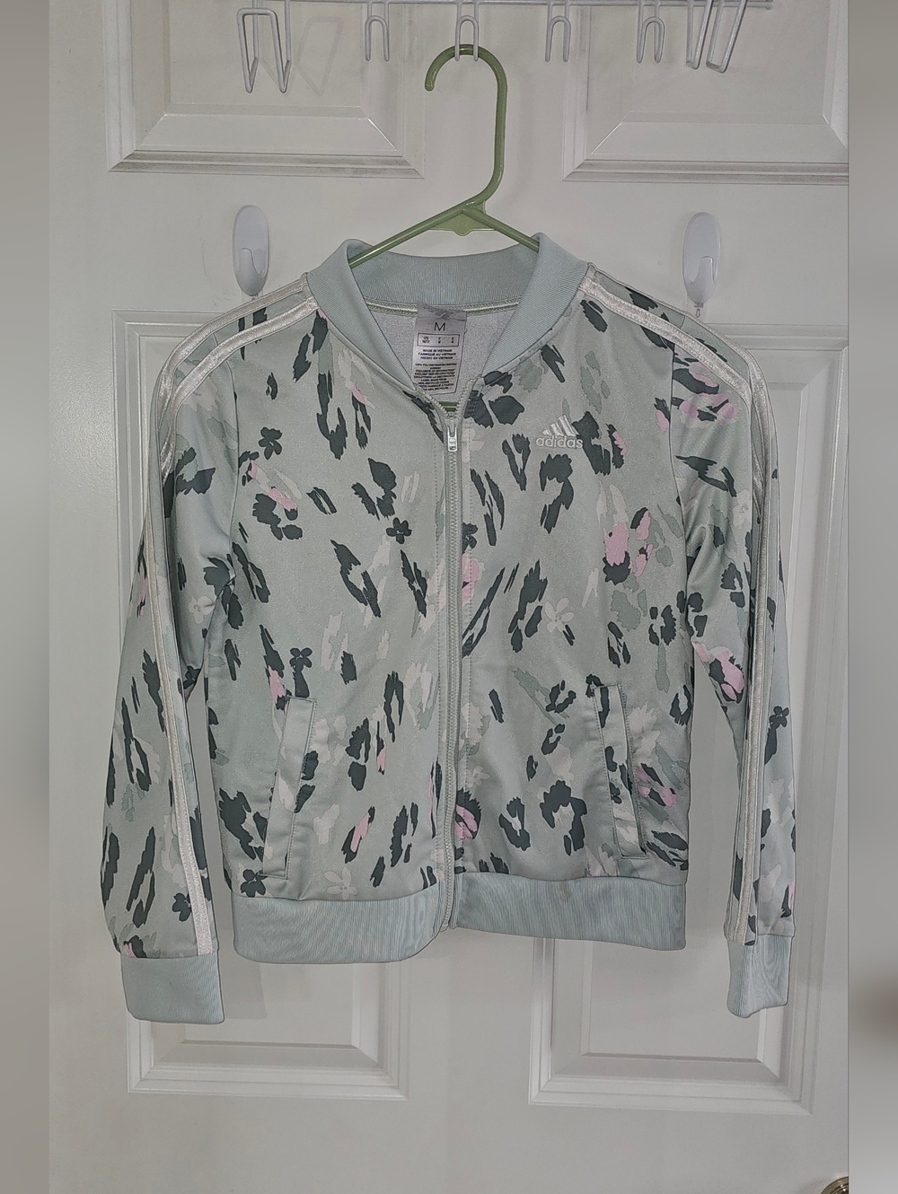 Girls Adidas Leopard Print Jacket M Light Green Pink Zip up